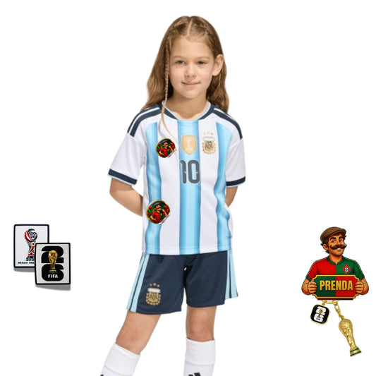 Conjunto infantil Seleção Argentina principal azul/branca COPA DO MUNDO 2026