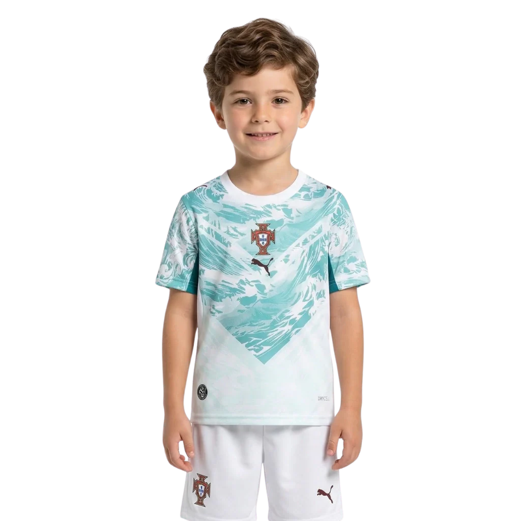 Conjunto infantil Seleção Portugal alternativa verde - calção branco - COPA DO MUNDO 2026