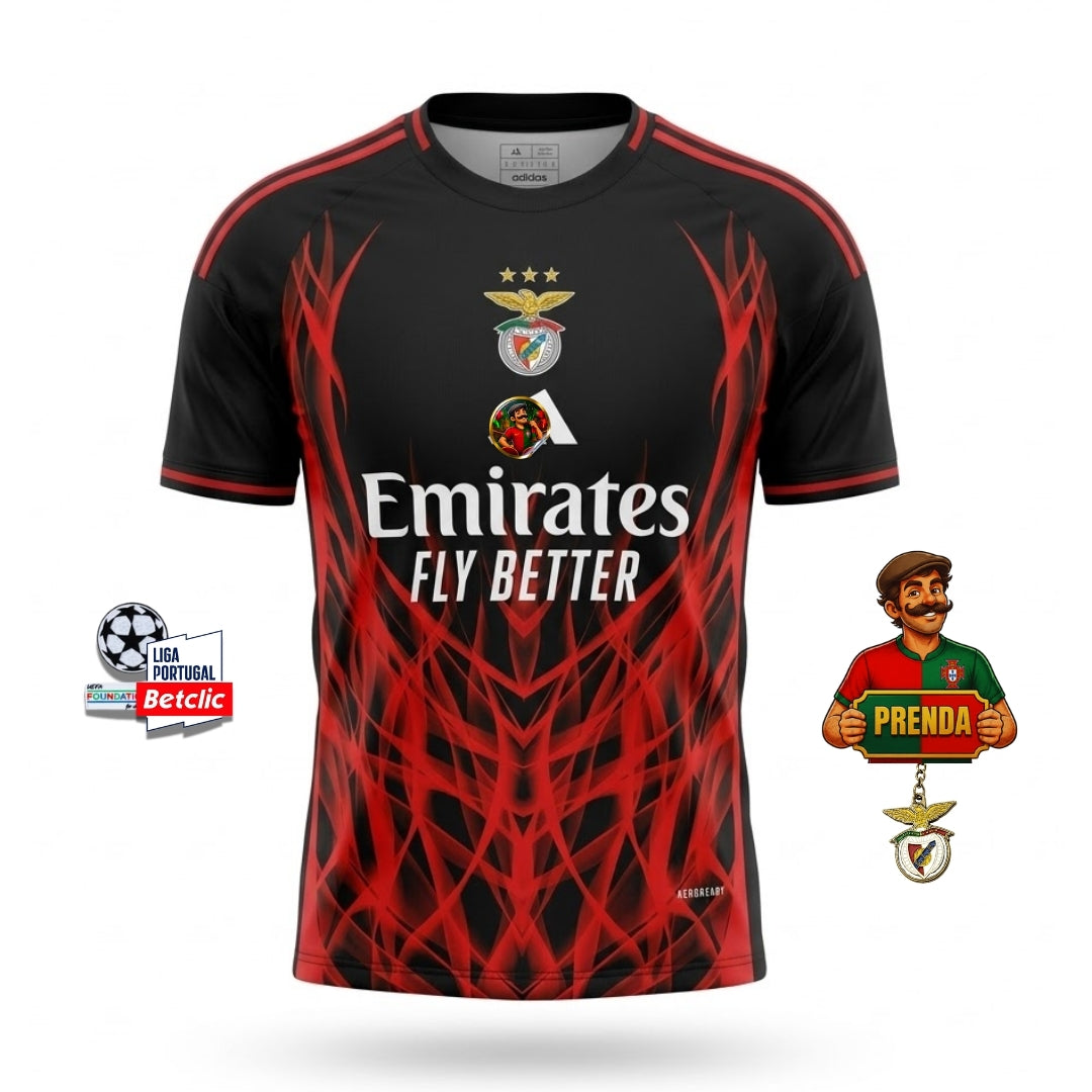 Camisola concept vermelha e preta com símbolo CINZA 2025/26